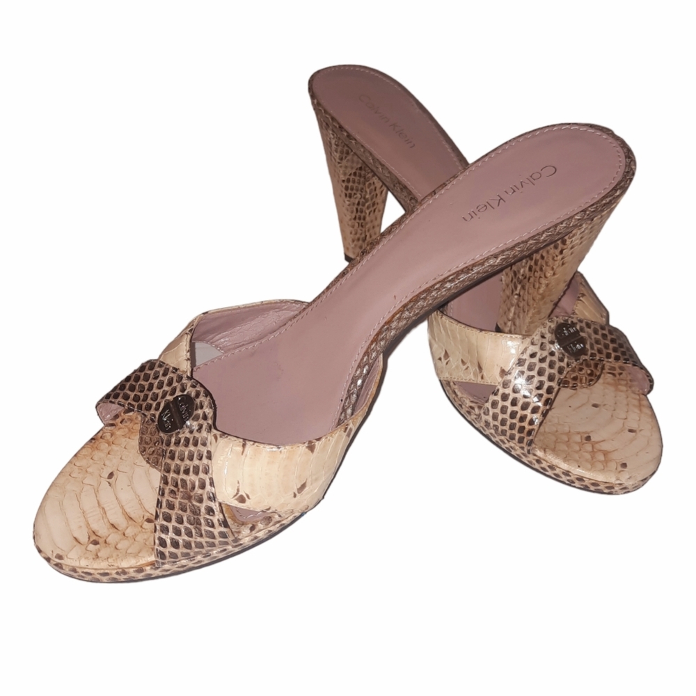 CALVIN KLEIN Beige/Brown Vallina Genuine Snakeskin High Heel Slides Sz 9.5M